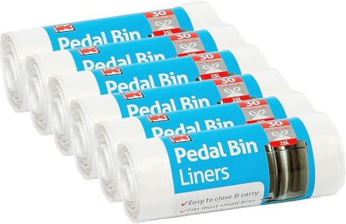 Kordis Strong Tie Handle Pedal Bin Liners - 6 x 30 Bags. 25L White Plastic Bin Bag Liners For Bedroom, Bathroom, Office, Mini Trash Can & Small Bins. 180 Unscented Garbage Bags (53 x 70cm)