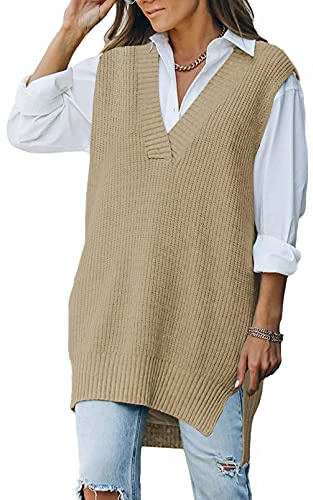 Viottiset Women's Oversized V Neck Knit Sweater Vest Tunic Sleeveless Pullover Top Khaki Medium