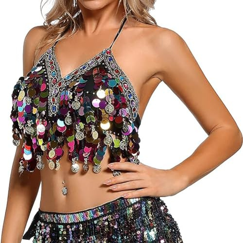 Sequin Halter Dance Top Belly Dance Festival Clubbing Tribal Tops for Women (UK, Numeric, 16, 18, Regular, Regular, Black)