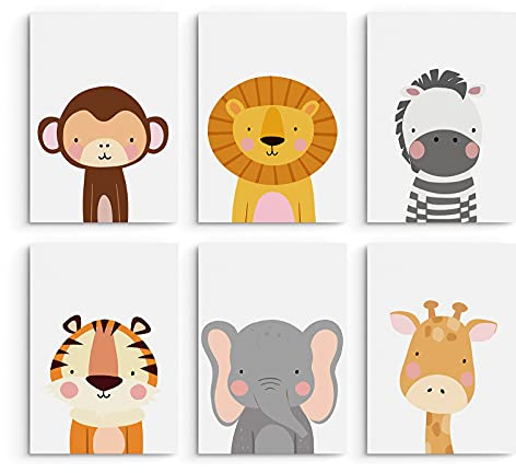 Hambient Poster Kinderzimmer - Bilder Babyzimmer Deko, Junge, Mädchen - Wandbilder, Kinderposter, Dekoration - 6er Bild Set (21 x 30 cm - Ohne Rahmen, Tiere Safari Afrika)