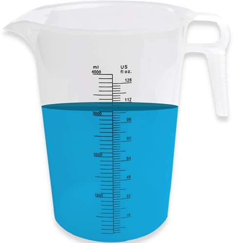 ACCUPOUR 128oz (1 gallon) Measuring Pitcher, Plastic, Multipurpose - Great for Oil, Chemicals, Pool and Lawn - Ounce (oz) and Milliliter (mL) Increments (4000 mL)