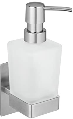 WENKO Seifenspender Mod. Genova für 200 ml Flüssigseife zum Befestigen ohne Bohren Halter aus Edelstahl Glas matt Maße 6,2 x 19,7 x 9 cm