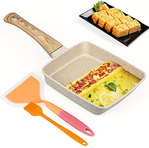 dingdongji Poele Omelette Japonaise,Poele Tamagoyaki,Tamagoyaki Poêle Rectangulaire,Poele Rectangulaire Japonaise,Revêtement antiadhésif Poêle à Omelette avec Spatule en Silicone et Pinceau à Huile