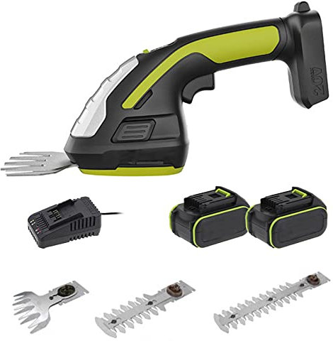 Cizalla Eléctrica 2 en 1 con 2000mAh Batería Recargable, Cortadora de Césped y Setos Inalámbrica, Tijeras de Césped de Mano Ligeras, Recortadoras de Setos, Cargador y Llave de Seguridad Adicional