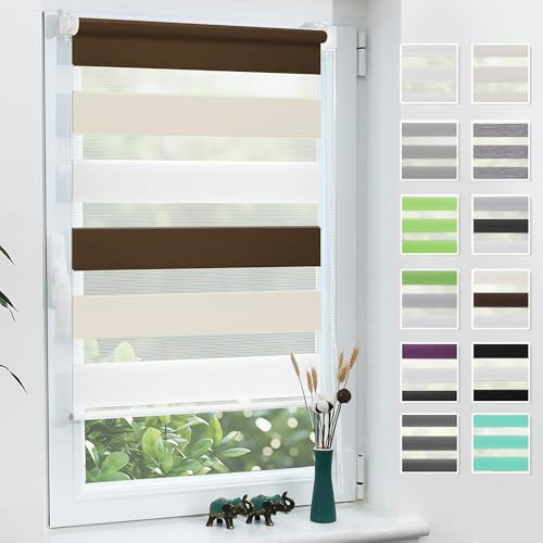 Grandekor Doppelrollo Klemmfix ohne Bohren 35x110 cm (Stoffbreite 35 cm) | Weiß-Beige-Braun Fenster Rollos für innen Klemmrollos Duo Rollo Sichtschutz Hitzeschutz feuchtbeständig einfache Montage