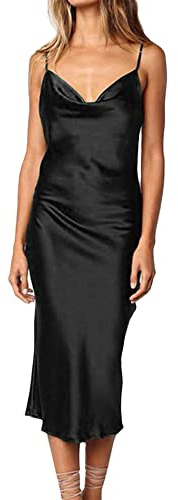 xxxiticat Robe sans manches en satin avec bretelles spaghetti, fourchettes, pour cocktail, plage, soirée, fête, col de vache