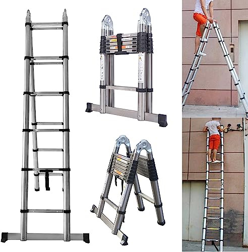 AUTOFU 16.4FT/5M Telescoping Extension Ladder Portable Multi-Purpose Folding A-Frame Ladder with Stabilizer Bar, Stainless Steel, 8.2+8.2FT, Silver
