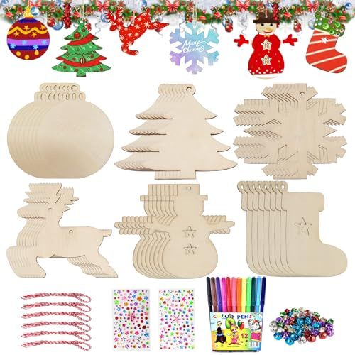 Basteln Weihnachten Kinder, 158 Stück Holz Weihnachtsbaumanhänger Bastelset, Weihnachten Weihnachts Holzanhänger, Weihnachtsbasteln Set, Baumanhänger Holz zum Bemalen, Christbaumschmuck Tannenschmuck