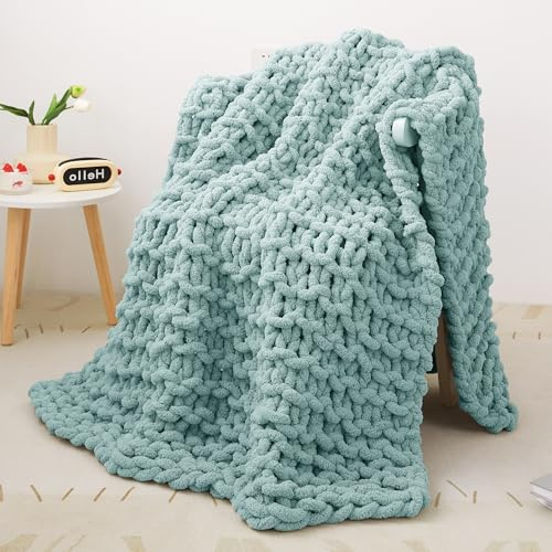 Decke Grob Gestrickte, Grobstrick-überwurf Strickwolle Dickes Garn, 100% Dicke Wolle Zum Handstricken Strickdecke, überwürfe Für Sofa Gestrickte Bettüberwurf-DeckenFürBetten, 127x152cm, Aquablau