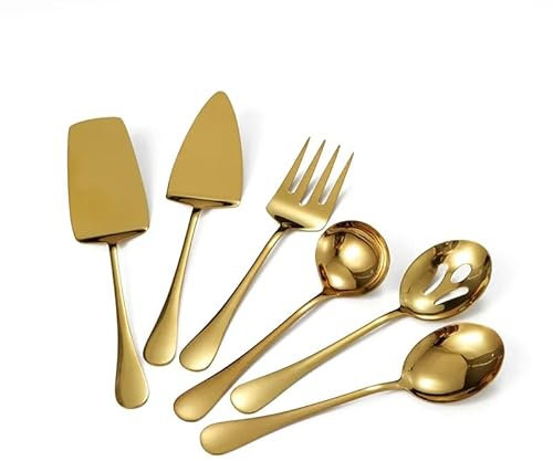 Set di 6 posate da portata in acciaio inox con forchetta, cucchiaio e pala, portatili, per bistecche, utensili da cucina (dorata)