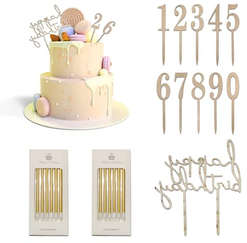 12 Stück Champagner Geburtstagskerzen und 10 Holz Cake Topper Cake Topper | Holz Cake Topper Zahlen 0-9 Wachs Champagner Kerzen Geruchsfrei Ungiftig Ständer Ideal für Happy Birthday Geburtstagstorte
