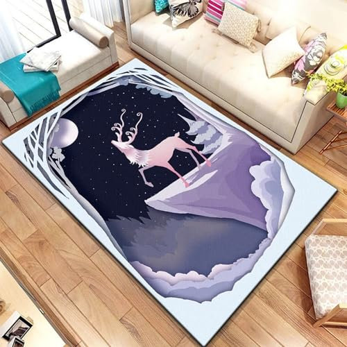 Kind Teppich 100 X 200 Cm / 39.37 X 78.74, Schlafzimmer Teppich, 3D Teppiche Wohnzimmer Teppiche Weich Rutschfest Teppich Für Wohnzimmer Schlafzimmer Bettvorleger Elch Waldtier Hirsch Cartoon-Z -2R9