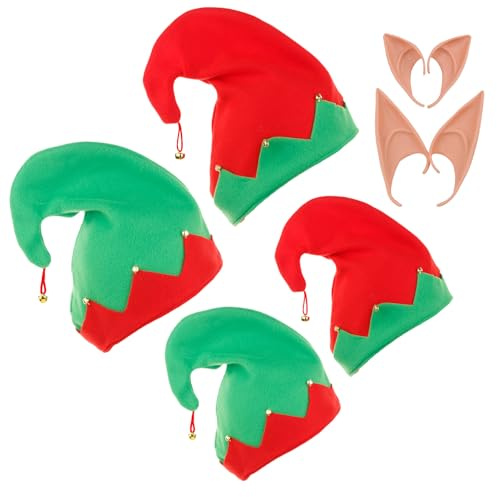 Onlvmyur 4PCS Gorro de Elfo Sombreros Elfo de Navidad Gorro Elfo Navidad Rojos y Verde Gorros Navidad con 4 Pares Orejas de Elfopara Adultos Niños