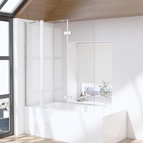 Duschwand für Badewanne 160x140cm 3-teilig Faltbar, Glas Badewannenaufsatz mit festem Segment Duschabtrennung, Duschwand aus 6mm EGS Glas mit Nano beschichtung, 160 cm Breite Duschtrennwand