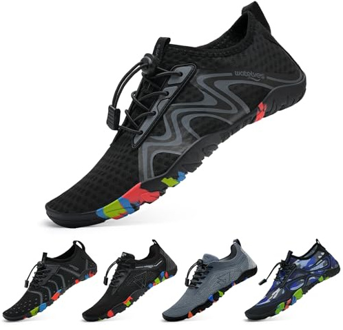 WateLves Badeschuhe Wasserschuhe Damen Herren Schnell Trocknende und Schnell Tragende Strandschuhe für Tauchen Surfen Wassersport Wandern Yoga Alltag Ganz Schwarz 42 EU
