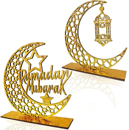 BAEIDO 2PCS Ramadan Mubarak Table Decorations, Wooden Eid Kareem Tabletop Sign for Home Room Centrepieces, Novelty Hollow Star Moon Lanterns Castles Ornament for Islamic Muslim Al-Fitr Party Supplies