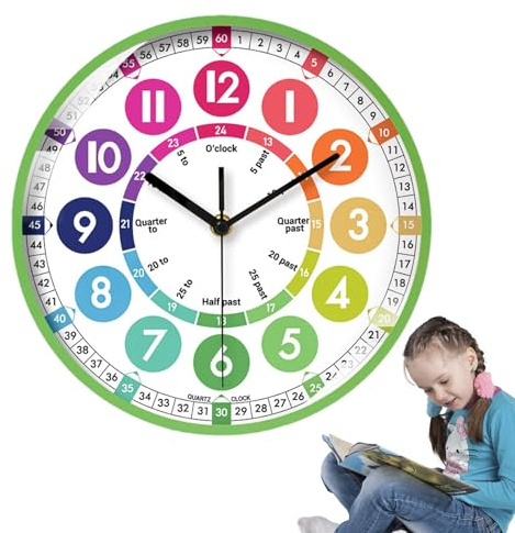Orologio didattico per bambini – Orologio da parete per bambini | 25,4 cm senza ticchettio per imparare a dire l'ora | Orologio analogico per bambini a batteria, orologio da parete silenzioso