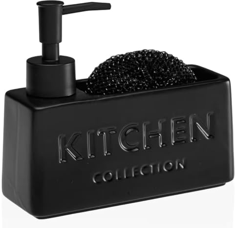 Dispenser Sapone Cucina con Porta Spugna – Dispenser Detersivo Piatti con Spugnetta, Ceramica Effetto Pietra, Design Moderno per Lavello Cucina e Bagno (Nero)
