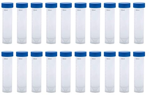 HAXIHA 50 ML bleu Tube a Essai Plastique Tube,Tubes à Essai Gradués,Tube à Échantillons avec Bouchon à Vis,Cryotubes En Plastique Laboratoire Tube Centrifugeuse Fond Plat 20 Pièces