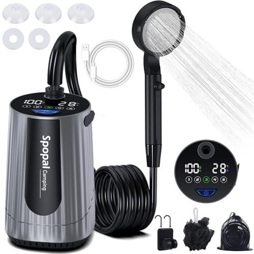 Spopal 10000mAh Portable Camping Shower Pump for Camping Hiking Pet Washing | 80–180 Mins Runtime, LED Display, Temp Display, IPX8 Fully Submersible, 5 Adjustable Speeds, Type-C Rechageable for Camping