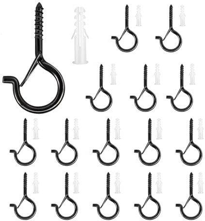 quyueug 15-Pack Wall Hooks, Outdoor Heavy-Duty Screw Hooks for Clothes, Towels & Garden Lights - Rust-Proof Metal Q-Hangers with Mounting Accessories (Ceiling Hooks for Wood & Walls)​