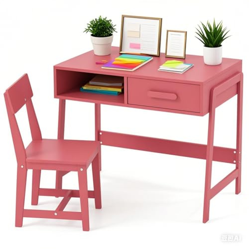 DREAMADE Kinderschreibtisch mit Stuhl, Schülerschreibtischset mit offenes Fach & Schublade, Schreibtisch-Set aus Holz zum Zeichnen, Lernen, Spielen, Studio, Kinderzimmer Kinder Tisch Stuhl Set (Rosa)