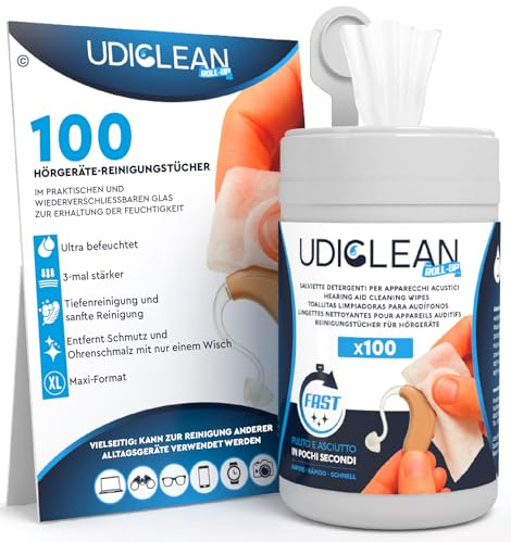 100 Reinigungstücher für Hörgeräte Reinigung und Reinigungsmittel Udiclean - Wiederverschließbaren Feuchtigkeitssparenden Spender Super Widerstandsfähige Maxi-Tücher Tiefenreinigung Schnelles Trocknen
