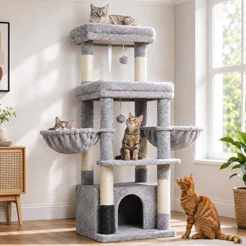 Hey-brother Katträd, klösträd för stor katt och maine Coon-katter, flervåningsstabilt klösträd för katter med 2 stora plattformar, 2 kattkorgar, stor kattgrotta, kammaskin,ljusgrå MPJ070W
