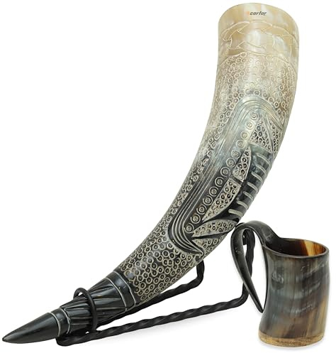 Viking Drinking Horn with Stand Authentic Handmade Ox Horn Mug Set with Vegvisir Symbol – Includes Burlap Gift Bag Medieval Norse Ale Tankard for Mead, Beer, or Wine