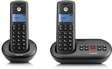 Motorola E212 series digital cordless home phone with answering machine (12 minutes) call blocking eco mode 2 Handsets. Blue display (Renewed)