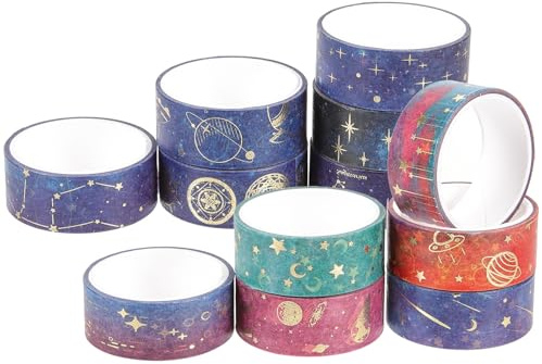 JECOMPRIS Ruban Adhésif Washi Décoratif Étoiles 12 Pcs, Rubans Décoratifs pour Scrapbooking et Journaling, Adhésif Autocollant pour Diy, Fournitures Artisanales et Emballage Présent
