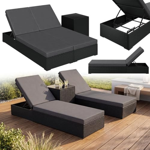 STEELSØN Solaris Sonnenliegen 2er Set mit Tisch – Polyrattan Gartenliege in Schwarz – 5-Fach verstellbare Rückenlehne – Gartenlounge wetterfest – Relaxliege mit Auflagen – Outdoor Liege 2 Personen