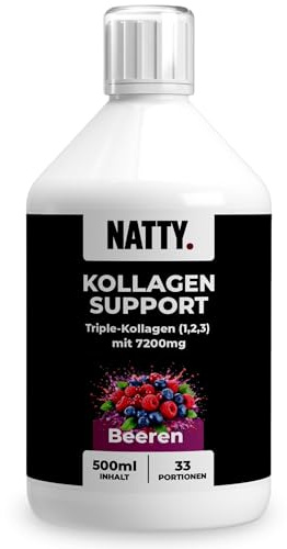 NATTY Kollagen Shot 500ml - Wildbeere - 7200mg Kollagen Typ 1 2 & 3 mit Kurkuma MSM Glucosamin Chondroitin Hyaluronsäure Flüssig 1500 DA Hydrolysat Gelenke Knorpel Marine Collagen Trinkampullen
