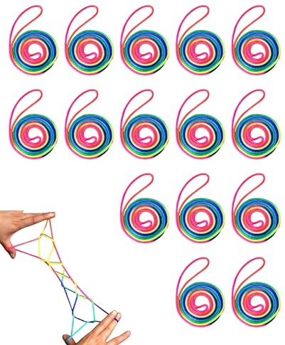 WUNZILO 15 Pcs Fingertwist,Fadenspiel,Fingerspiele,Flexibles Fadenspiele,Rainbow Rope,Ideal Als Kleines Geschenk, Mitgebsel Und Für Den Schulhof,Länge 1.6m