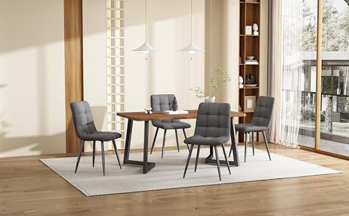 Vopese Juego de Comedor 5 Piezas Mesa de Madera Nogal y Sillas de Lino con Patas de Metal Negro para Cocina Moderna