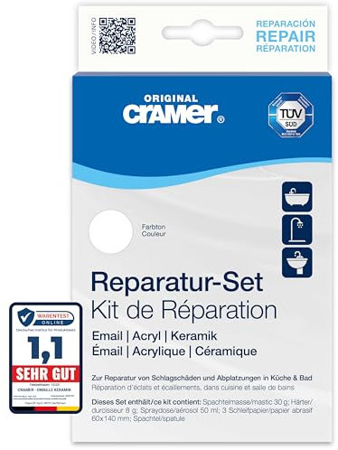 Cramer Reparatur Set reinweiss - für Badewannen, Duschwannen & Waschbecken - professionelle Lösung zur Behebung von Schlagschäden und Abplatzungen auf Emaille, Keramik und Acryl