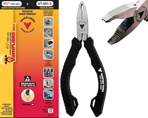 VAMPLIERS 5 Mini Stripped Screw Remover Pliers with ESD Safe Grip. Made in Japan. Slender Non-Slip High Carbon Steel Jaws. Ideal for IT, iPhone, Mac/PC, Circuit Boards or Any Electronic Repairs.