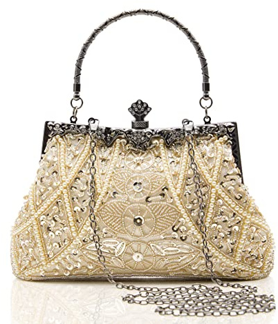BABEYOND Pochette da sera da donna, accessori anni '20, borsa da sera Gatsby, vintage, con perline e paillettes e perle, Beige, Taglia unica