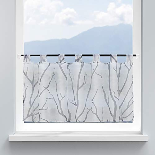 HongYa Transparente Voile Scheibengardine mit Schlaufen und Zweigmuster | Weiß-Grau, HxB 60x120 cm, 1 Stück, lichtdurchlässig, pflegeleicht, für Küche, Esszimmer, Wohnzimmer und kleine Fenster