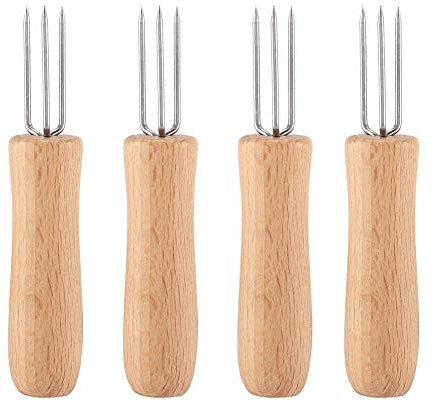 4Pcs Wooden Handle Stainless Steel BBQ Meat Fruit Forks Barbecue Corn Holder Barbecue Forks