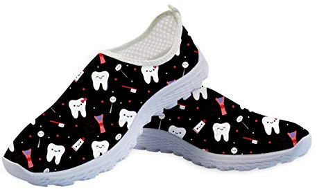 HUGS IDEA Chaussures de marche confortables pour femme - Motif floral - Antidérapantes - Respirantes - En maille - Confortables - Pour le travail - - Dentiste noir., 37 EU