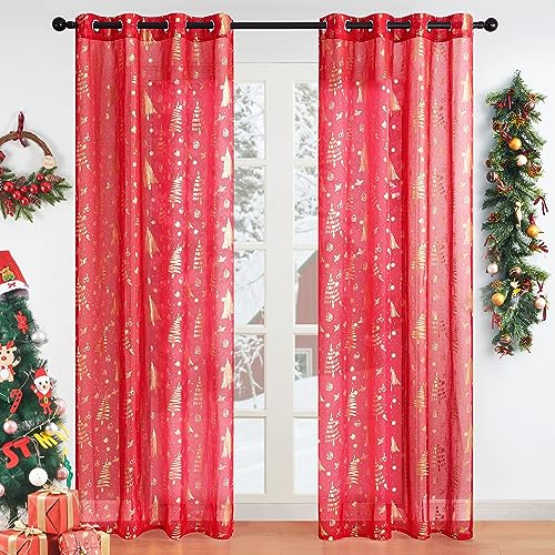 Topfinel Weihnachten Gardinen mit Ösen 2er Set Weihnachtsrot 245x140 Vorhang Transparente Weihnachtsdeko für Wohnzimmer Kinderzimmer Balkontür & Fenster