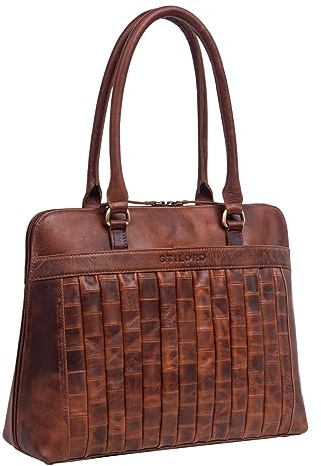 STILORD Jocelyn Leder Handtasche Damen mittelgroß Frauen Henkel-Tasche Shopper Damenledertasche mit 10-11 Zoll Tablet-Fach Vintage Leather Bag Echtleder geflochten Farbe:Porto - Cognac