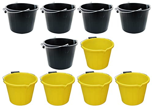 [Set of 10] 5 x Yellow With 5 x Black 14L Litre Strong Plastic Builders Bucket 3 Gallon Multipurpose Storage Bucket With Metal Handle & Spout For Cleaning Animal Feed Mixing Construction Home & Garden