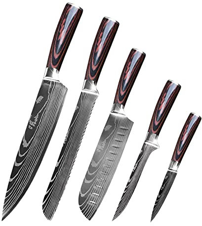 Gustrug Messerset 5-tlg Küchenmesser Set mit Ergonomischen Griff, Profi Messer Set aus Hochwertigem Carbon Edelstahl mit Kochmesser, Brotmesser, Santokumesser, Ausbeinmesser, Gemüsemesser