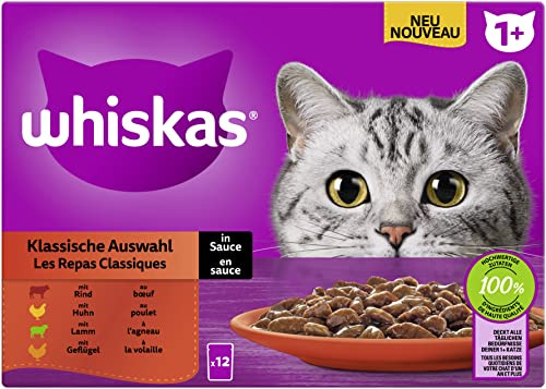 Whiskas 1+ Comida húmeda para Gatos – Selección clásica en Salsa, 12 x 85 g (1 Paquete) – Comida húmeda 12 Bolsas para un Gato Feliz a Partir de 1 año