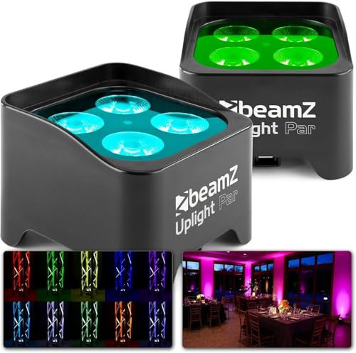 BeamZ BBP90 Set de 2 Uplight focos PAR con 4 leds de 4 vatios, con batería, mando a distancia, DMX, ideal para Iluminación de escenario, DJ, escenarios, discotecas, fiestas, color Negro