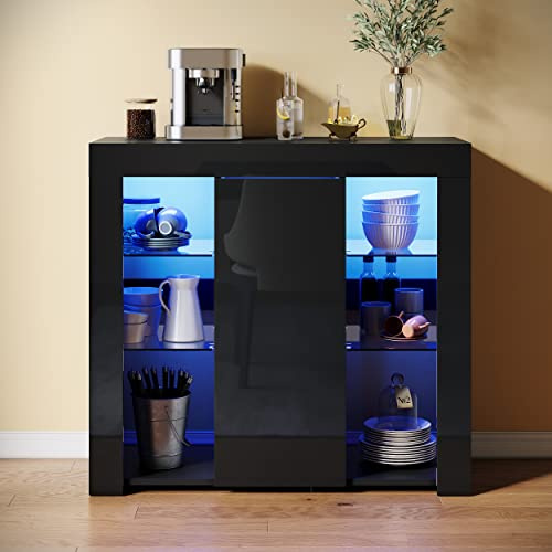 SUNXURY Sideboard mit LED Beleuchtung Küchenschrank Schwarz Lagerschrank Beistellschrank mit 1 Türen und Offene Glas Regale für Küche, Esszimmer, Wohnzimmer, 90 x 35 x 83cm
