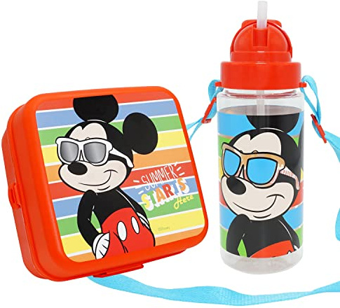 Juego de 2 fiambreras y botellas de agua de Mickey Mouse | Botella de 500 ml con correa y lonchera con 3 compartimentos | Juego de almacenamiento de alimentos para niños de más de 3 años