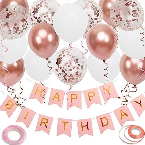 Happy Birthday Banner, Rose Gold Birthday Decoration, 16 pcs 12 inch Happy Birthday Balloons with 2 Ribbons for Girl and Women Birthday Party Decoration